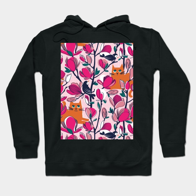 Hello Spring! // pattern // pastel pink background orange tabby cat fuchsia pink Magnolia full bloom navy blue branches birds and lines Hoodie by SelmaCardoso